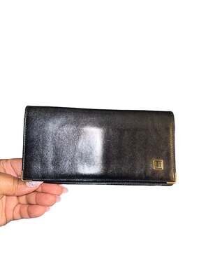 Dunhill Vintage Black Leather Long Bifold Billfold Wallet with Gold Corners